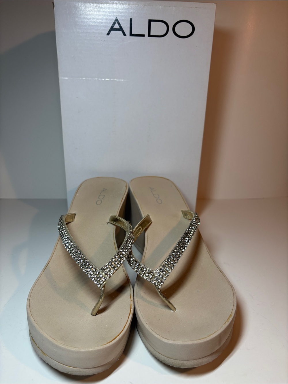 ALDO Tan Platform Flip Flops with Rhinestone Straps